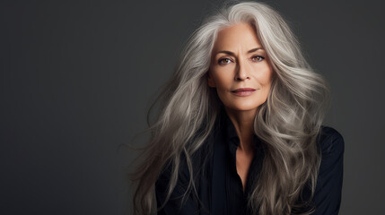 Naklejka premium Elegant, smiling, elderly, chic, woman with gray long hair and perfect skin, on a creamy beige background, banner. Advertising of cosmetic products, spa treatments, shampoos and hair care, dentistry