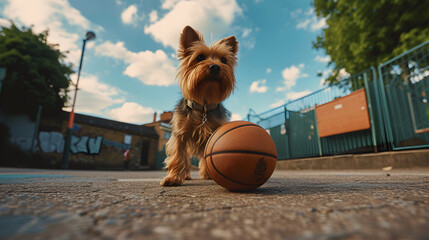 Action photograph of yorkshire dog playing basketball Animals. Sports - obrazy, fototapety, plakaty