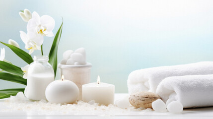 Spa setting with white orchids and sea salt, on light background