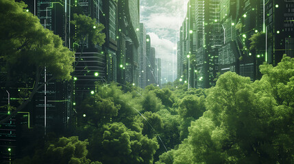 Futuristic Biotechnology Forest Interface - Advanced Ecosystem and Sustainable Technology Integration in Urban Jungle Concept