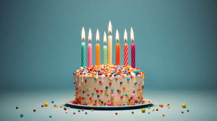 Birthday cake with candles on blue background .