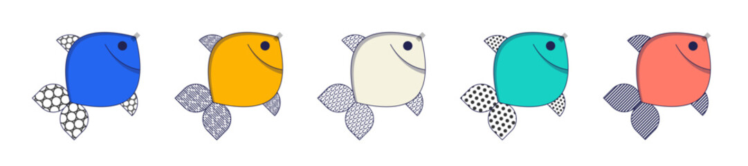 Poisson d'avril. French April Fool's Day stickers set fish. Flat style. Vector illustration.
