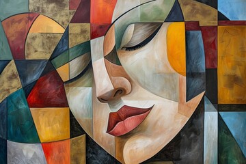 A cubist interpretation of a person's journey through therapy, using fragmented shapes to represent transformation