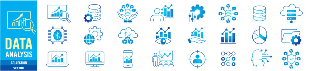 Data analysis, Analytics, Statistics, Big data, Database editable stroke line icons set collection illustration vector