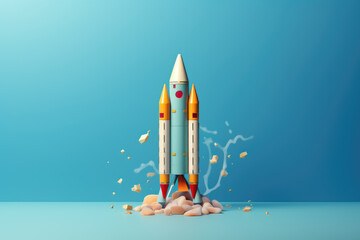 Naklejka premium Rocket on cloud made of blue and white crayons, back to school. Generative ai