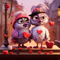 Fototapeta premium Couple of elderly birds, celebrating Valentine's Day together, with lots of hearts. 3D rendering concept design illustration.