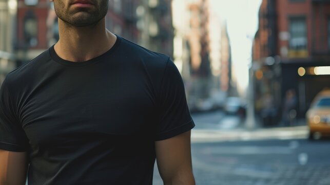 Young Model Shirt Mockup, Boy wearing black t-shirt on street in daylight, Shirt Mockup Template on hipster adult for design print, Male guy wearing casual t-shirt mockup placement, generative ai
