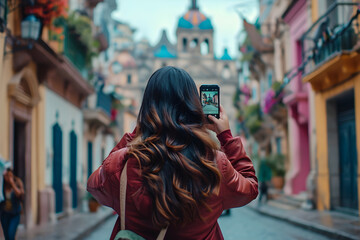 Tech-Infused Getaway: Happy Woman, Vacation Content Creator. Generative AI