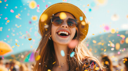 Joyful Young Woman Enjoying Summer Festival - Happiness, Lifestyle and Celebration Concept with Vibrant Carnival Atmosphere