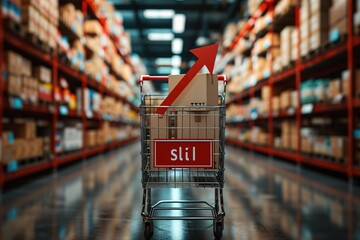 Supermarket cart with many boxes and a red arrow up. Internet sales and e-commerce. AI Generated