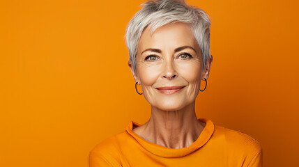 Elegant, smiling, elderly, chic, woman with gray hair and short haircut, on a yellow background, banner. Advertising of cosmetic products, spa treatments, shampoos and hair care products, dentistry
