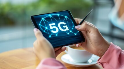 Shining 5g holographic text icon over mobile phone in hand with futuristic technology concept