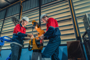 Fototapeta na wymiar Robotic Technicians Inspecting and Repairing Factory Robot.