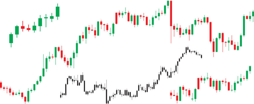 Candlestick Graph Pattern Chart Of Stock Trading Cryptocurrency, Market Investment Exchange In Red, Green And Black Design Isolated Set