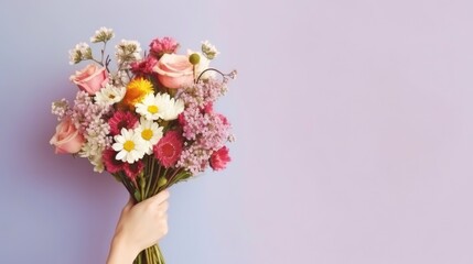Flower bouquet in woman hand on pastel wall background. Top view.