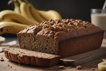 Fototapeta na wymiar Homemade banana bread with walnuts on wooden board
