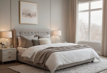 A bedroom with a king-sized bed, a nightstand, a lamp, and a closet. The bedroom has a modern and elegant style, with a gray and white color scheme, a fluffy rug, and a large window