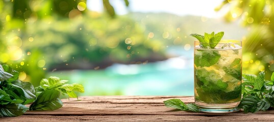 Soothing mojito cocktail in tropical paradise with defocused beach background and text space