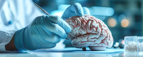 Hands of a doctor holding human brain. Concept of diseases and examination. - obrazy, fototapety, plakaty