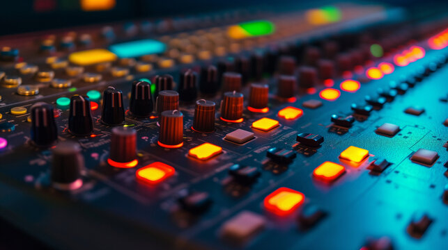 Professional Audio Mixing Console with Glowing Buttons - Studio Equipment for Music Production, Sound Engineering, and Live Performance