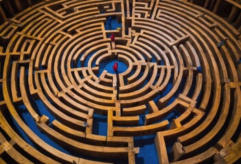 A bird’s eye view of a wooden labyrinth, with paths illuminated in blue, red, and yellow.