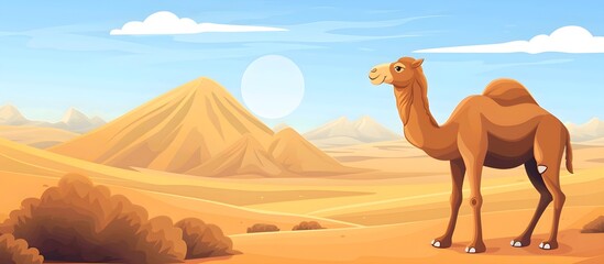 Camel on desert wide banner cartoon illustration background. Ramadan eid Mubarak