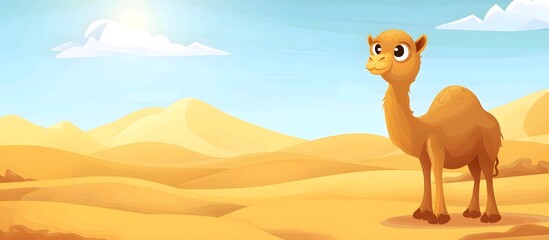Camel on desert wide banner cartoon illustration background. Ramadan eid Mubarak