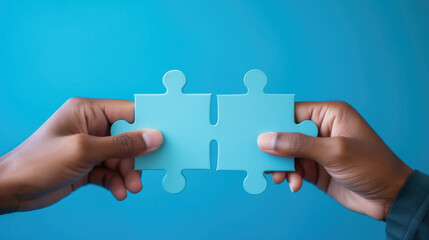 Hands holding jigsaw puzzle piece on blue background. Teamwork and partnership concept