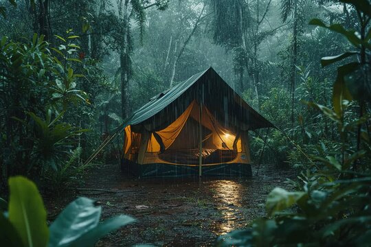 Set up a camping tent in the middle of a forest where it was raining heavily. AI Generated