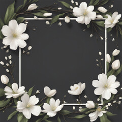 Delicate spring flowers around a black frame with a place for greetings or congratulations