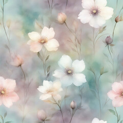 Delicate flowers on a transparent watercolor background. Pastel color palette