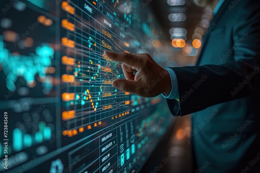 Poster man hand touching global internet connection. financial and digital link tech big data. ai generated