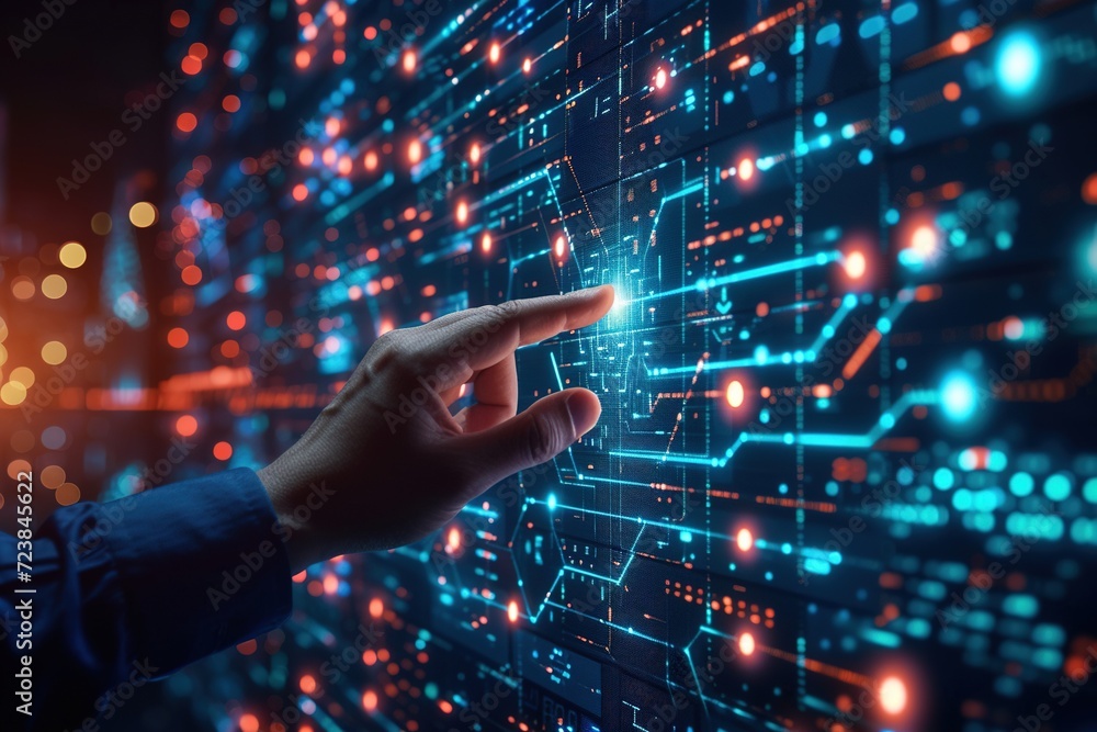 Aufkleber man hand touching global internet connection. financial and digital link tech big data. ai generated