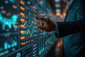 Obraz premium Man hand touching Global Internet connection. Financial and Digital link tech big data. AI Generated