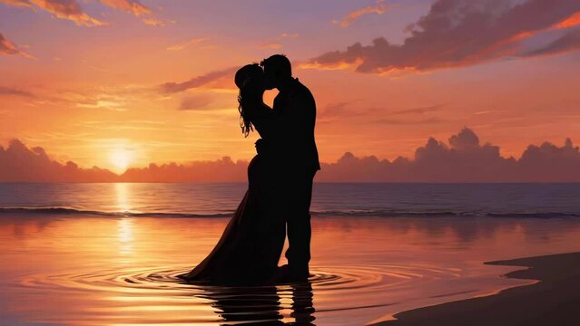 A silhouette of a couple sharing a tender kiss against a beautiful sunset backdrop by the water. ai generative