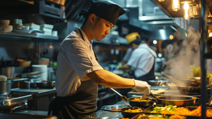 Fototapeta na wymiar Traditional Asian Cuisine in Motion - Dynamic Food Preparation in a Bustling Open Kitchen Restaurant with Authentic Atmosphere