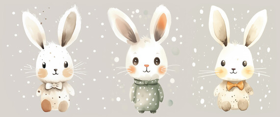 Three cute watercolor bunny on gray background