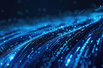 Blue digital binary data on computer screen background, Ai generated