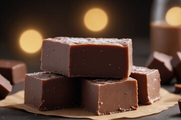 Gourmet dark chocolate fudge delight with soft bokeh background