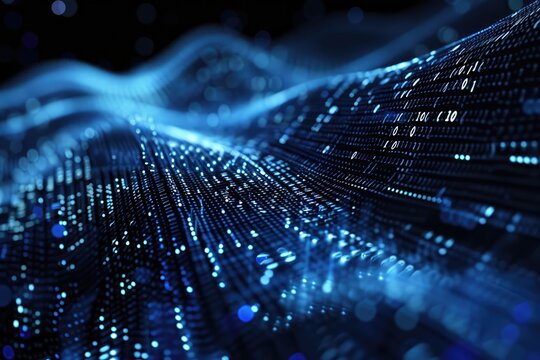 Blue digital binary data on computer screen background, Ai generated