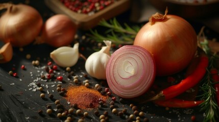 Obraz na płótnie Canvas onion with spices on a black slate close up focus ingredients