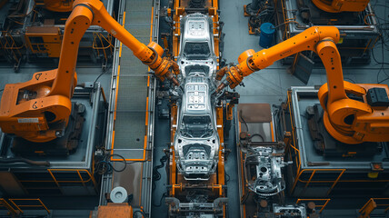 automotive assembly line, where a series of orange industrial robots are intricately assembling a car with precision