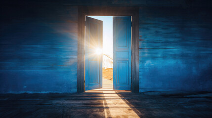 Open door in blue wall with sunlight coming out .