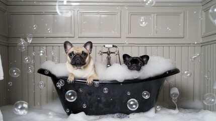 dogs in a bath full of bubbles, french bulldog and pug funny - Powered by Adobe