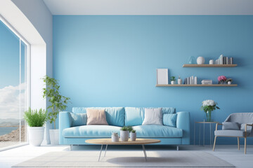 Seating group and decor modern minimal living room interior design sky blue colors