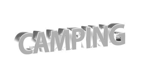 Camping, silberne plakative 3D-Schrift, Reisen, Urlaub, Zelten, Natur, Outdoor, Campingplatz, Ausrüstung, Caravan, Campingzelte, Lagerfeuer, Rendering, Freisteller