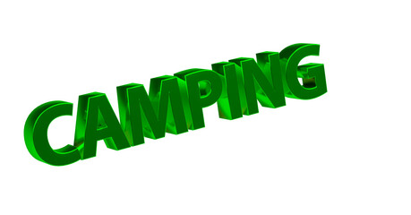 Camping, grüne plakative 3D-Schrift, Reisen, Urlaub, Zelten, Natur, Outdoor, Campingplatz, Ausrüstung, Caravan, Campingzelte, Lagerfeuer, Rendering, Freisteller