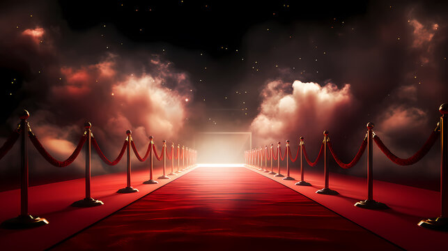Red carpet on the stairs on dark background, the way to glory, victory and success