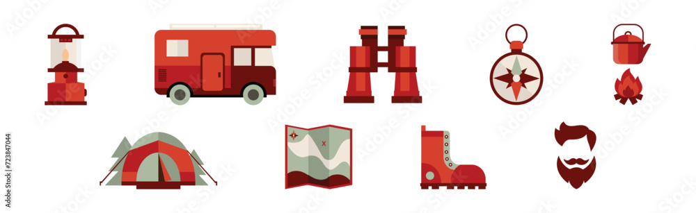 Poster Camping Flat Red Icon and Expedition Element Vector Set