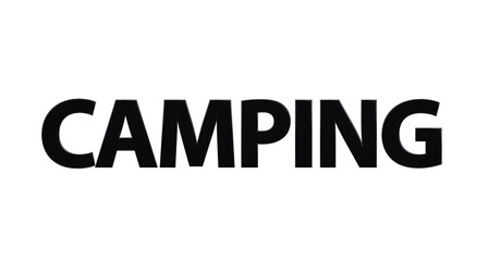Camping, schwarze plakative 3D-Schrift, Reisen, Urlaub, Zelten, Natur, Outdoor, Campingplatz, Ausrüstung, Caravan, Campingzelte, Lagerfeuer, Rendering, Freisteller